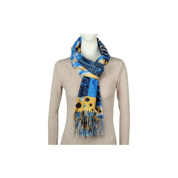 Abstract Animal Print Scarf With Fringe - Blue Yellow & Black - Picture 3 of 6